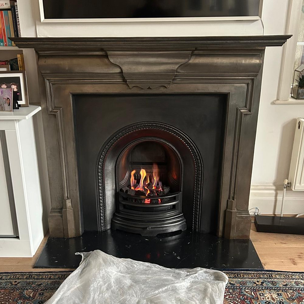 Cast iron mantel, "Better Hearth Arch" insert, gas fire